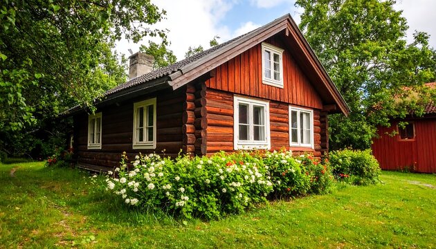 Charming log cabin nestled in a verdant garden
