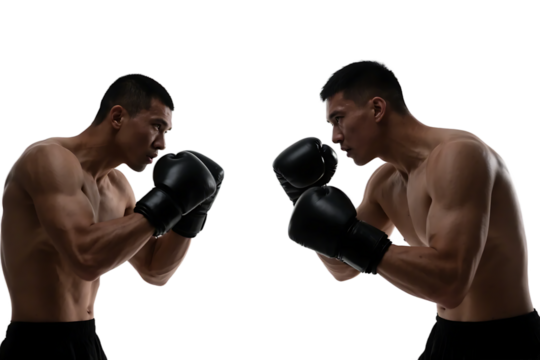 Two shirtless boxers with black gloves are in a boxing stance, showcasing their muscular build and readiness for a fight.