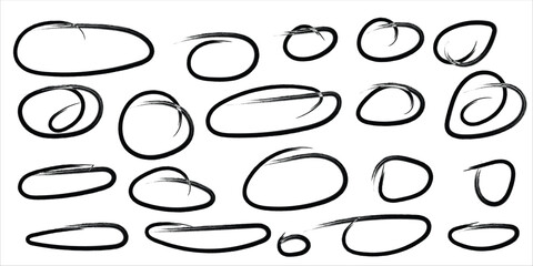 Set of Hand Drawn Circle and Oval Shapes for Highlighting, Scribble Underline Elements in Black Marker or Chalk Style on White Background