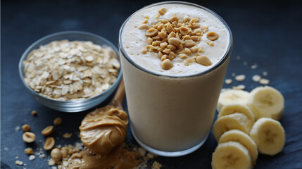 Protein Powerhouse: A delicious and nutritious smoothie, adorned with peanuts and accompanied by wholesome ingredients, promises a revitalizing and invigorating experience.