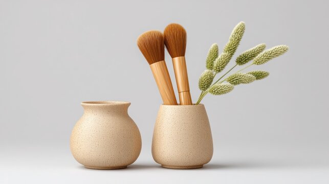 zero waste influencer Minimalist pottery with brushes and greenery, perfect for decor or artistic themes. - Powered by Adobe