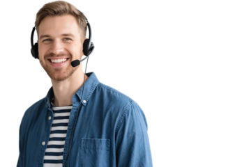 A man with a headset on, smiling, likely engaged in professional customer service work.
