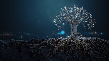 A digital tree with glowing circuit branches and roots against a dark blue background landscape