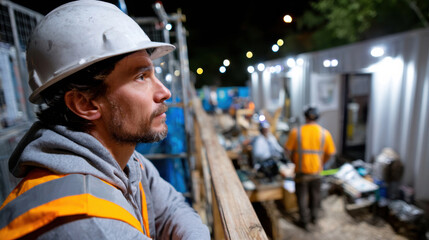 A construction worker wearing a hard hat stands pensively at night, contemplating the ongoing tasks and challenges within the construction environment.