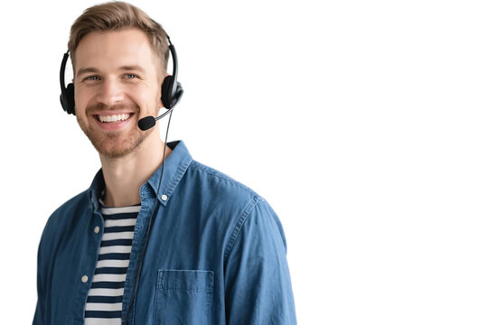A man with a headset on, smiling, likely engaged in professional customer service work.