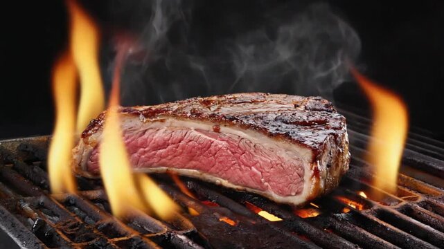Close up of a steak on a grill with flames and smoke against a dark background, cooked perfectly