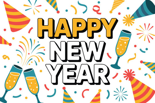 Happy new year celebration with champagne and party hats