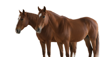 Two brown horses are depicted standing closely together, showcasing their sleek coats and noble appearances.