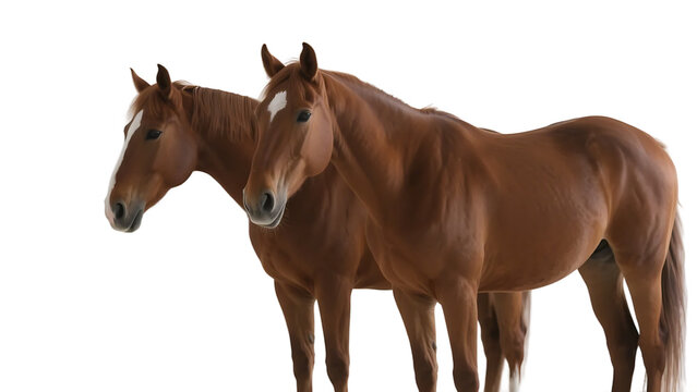 Two brown horses are depicted standing closely together, showcasing their sleek coats and noble appearances.