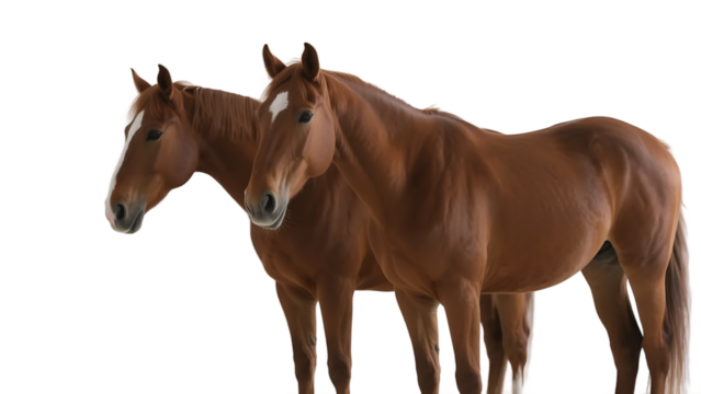 Two brown horses are depicted standing closely together, showcasing their sleek coats and noble appearances.