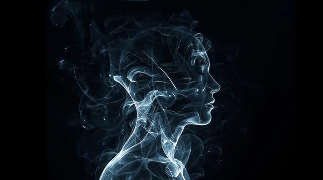 A profile of a woman's face and neck formed from swirling white smoke against a black background