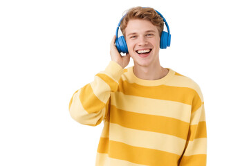A young man in a yellow and white striped sweater is wearing blue headphones and smiling.