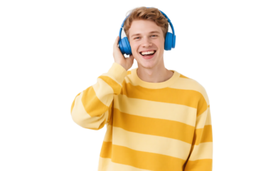 A young man in a yellow and white striped sweater is wearing blue headphones and smiling.