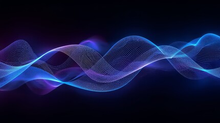 Abstract wavy lines of blue and purple light against a dark background creating a modern design