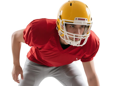 A football player in red uniform and yellow helmet is in a ready-to-play stance, showcasing athletic readiness.