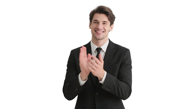 A smiling business man in a black suit is clapping hands, showing a positive and professional attitude.