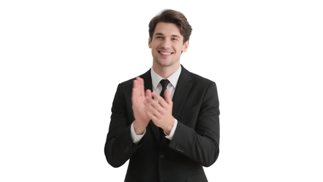 A smiling business man in a black suit is clapping hands, showing a positive and professional attitude.