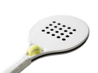 A white paddle tennis racket with a yellow tennis ball, showcasing sporting equipment for tennis play.