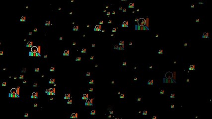 Scattered Colorful User Icons with Glitch Effect on Black. Business grow charts with random premium research particles 4k animation. - Powered by Adobe