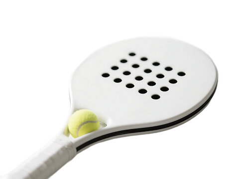 A white paddle tennis racket with a yellow tennis ball, showcasing sporting equipment for tennis play.