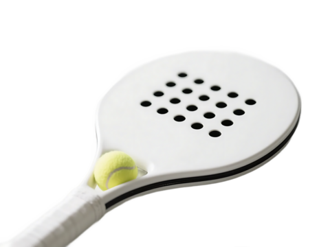 A white paddle tennis racket with a yellow tennis ball, showcasing sporting equipment for tennis play.