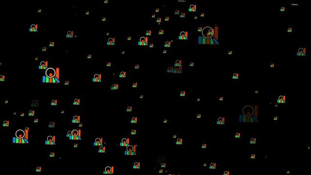 Scattered Colorful User Icons with Glitch Effect on Black. Business grow charts with random premium research particles 4k animation.