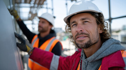 Obraz premium A group of construction workers pay close attention as they install wall panels, illustrating the importance of teamwork and precision in a bustling construction site.
