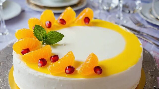 A close up of a cake decorated with orange slices pomegranate seeds and a mint leaf on a silver tray
