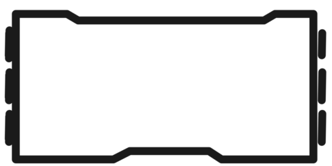 A black outline of a symmetrical rectangular component with indented corners and side tabs on a white background.