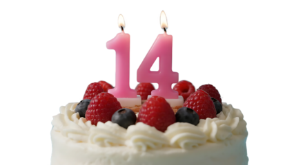 A birthday cake with pink number 14 candles and fresh berries on white cream frosting for a special celebration.