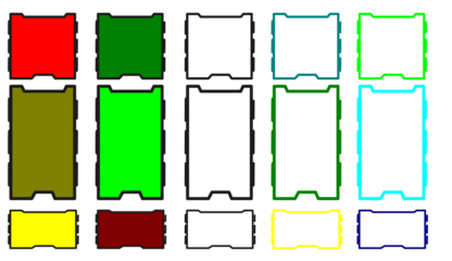 Colorful geometric shapes arranged in a grid pattern on a white background.