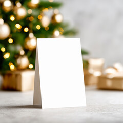 Blank folded card mockup standing on a table in front of a Christmas tree and golden ornaments in the background