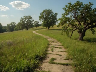 Obraz premium A curved path crosses a bright green field surrounded by trees, creating a balanced natural composition with depth, fresh colors, and a peaceful countryside feel.