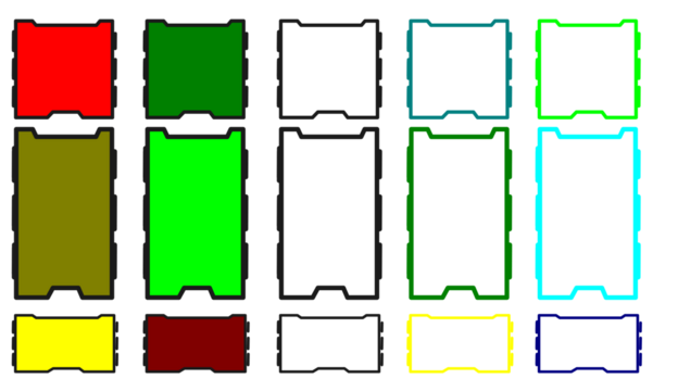 Colorful geometric shapes arranged in a grid pattern on a white background.