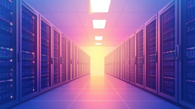 Server Room Hallway with Racks and Lights