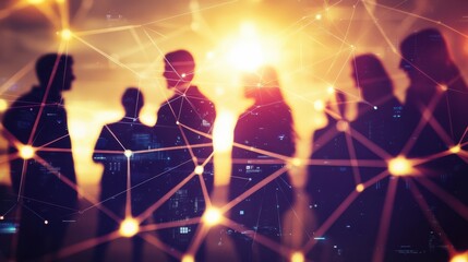 Silhouettes of people with digital network overlay