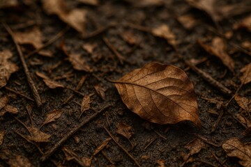 Macro view of forest floor with dry autumn leaves and soil texture