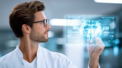 A young healthcare professional uses futuristic augmented reality to analyze a digital skull X ray in a high tech clinical environment. Innovation and precision define modern medical practice - Powered by Adobe