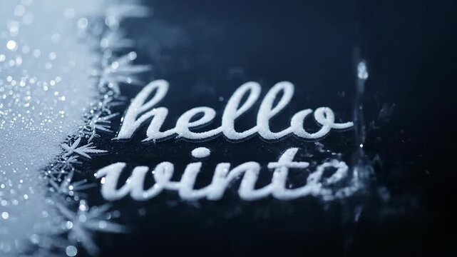 Frosty white lettering writing hello winter on a dark surface with ice and water, slow appearance footage
