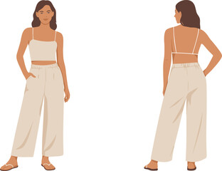 CAD drawing flat vector illustration of beige crop top with spaghetti straps and high waist wide leg pants, casual summer women fashion design