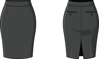 CAD drawing flat vector illustration of black pencil skirt with high waistband, welt pockets, center back slit, knee length professional formal fashion design