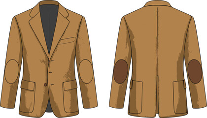 CAD drawing flat vector illustration of brown blazer with notched lapel, flap pockets, elbow patches, tailored fit, vent back formal fashion design