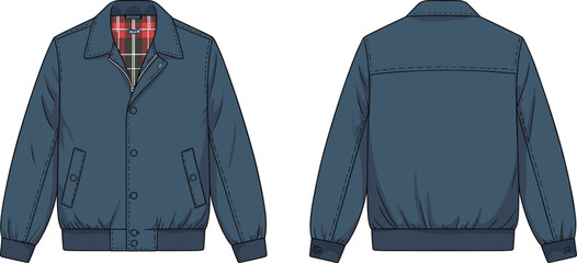 CAD drawing flat vector illustration of blue button down jacket with collar, flap pockets, ribbed cuffs hem, plaid lining casual outerwear design