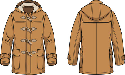 CAD drawing flat vector illustration of brown duffle coat with hood, toggle fastenings, rope loops, flap pockets, adjustable cuffs, winter fashion design