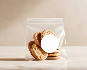 Crumble cookies in a plastic pouch with a round blank label - ideal for branding or packaging design