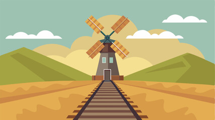 A lone windmill stands tall against the backdrop of the railway a nod to the slower simpler way of life in the countryside.