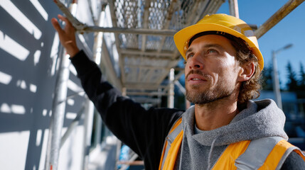 A dedicated construction worker applies finishing touches while working on scaffolding, showcasing meticulous craftsmanship and the importance of attention to detail on site.