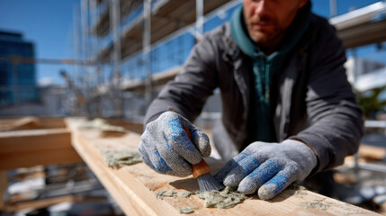 A focused construction worker is brushing a surface on a wooden structure, demonstrating commitment to quality and the intricate tasks involved in building projects.