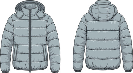 CAD drawing flat vector illustration of light gray puffer jacket with hood, quilted insulation, zipper closure, elastic cuffs, winter outerwear fashion design