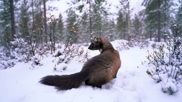Wild Wolverine Foraging and Walking Through a Deep Snow-Covered Boreal Forest in Winter